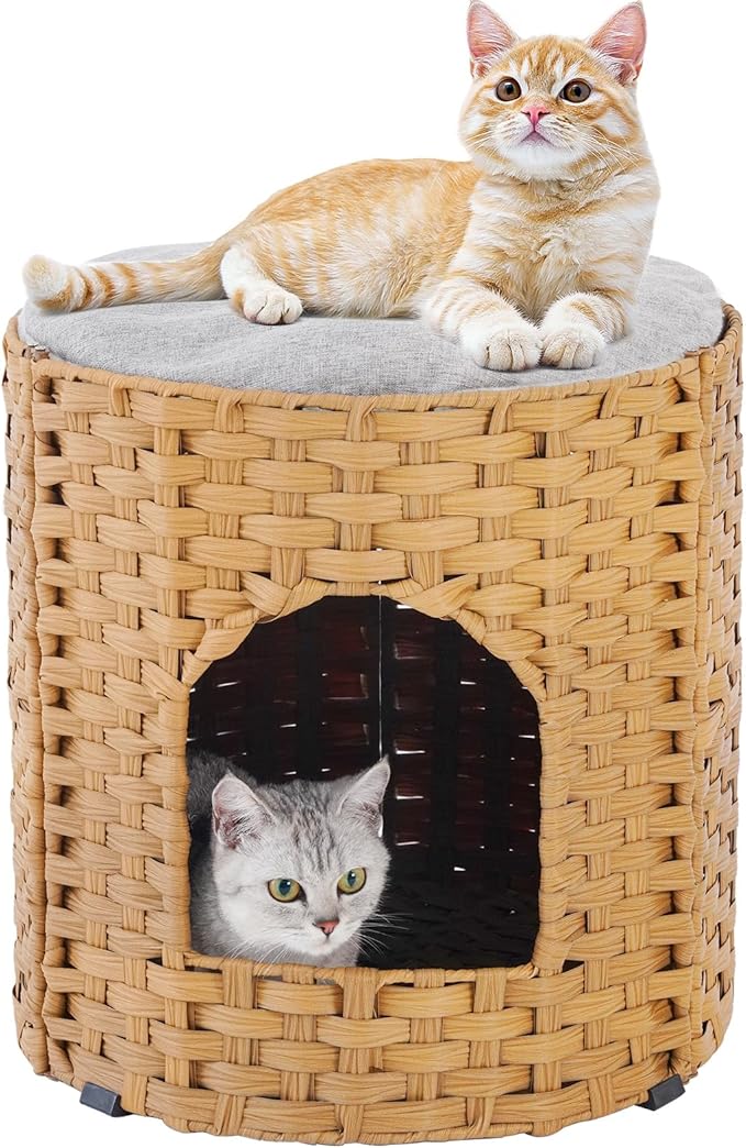 Cat House for Indoor Cat, Large Double Cat Houses Cat Bed Cave, Handwoven Rattan Pet Beds with One Soft Pad, 17 x 17 x 17 Inches Foldable Kitten Hideaway in Living Room Natural-Mewly Pet