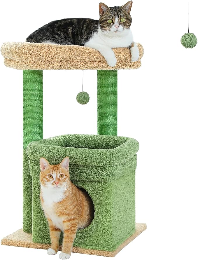 PEQULTI Cat Tree Cactus Cat Tower for Indoor Cats with Private Cozy Cat Condo, Natural Sisal Scratching Posts and Plush Pom-pom for Small Cats Green-Mewly Pet