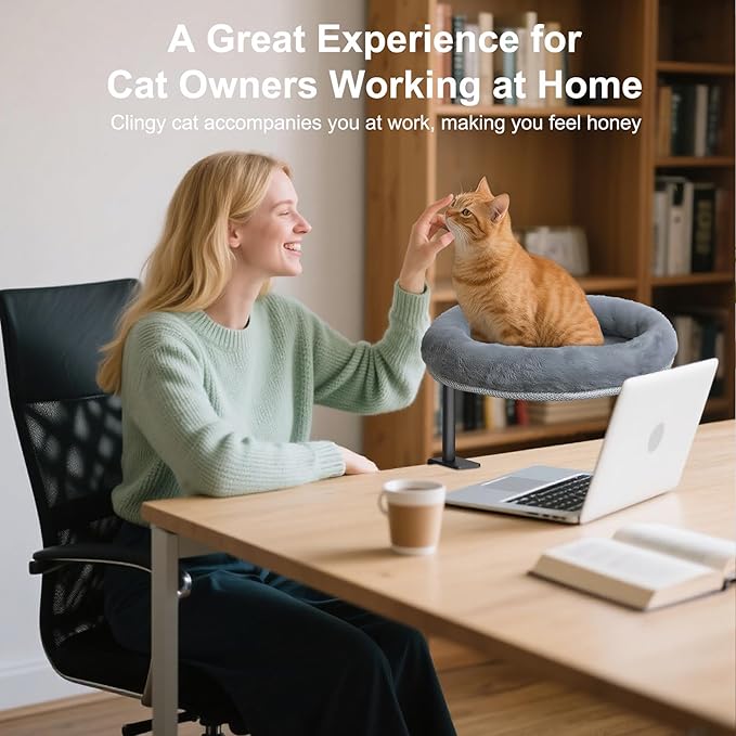 Cat Desk Bed with Summer Colling Mat, 360° Rotating & Height Adjustable Indoor Cat Nest, Large Desktop Cats Perch for Home Offcice Space Saving, Supports Up to 40 lbs, Machine Washable Removable Cover-Mewly Pet
