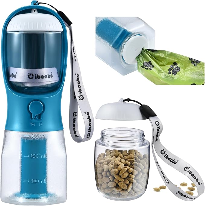 Dog Water Bottle with Food Container & Poop Bag Holder, Travel Water Bowl, Portable Pet Dispenser, Dog Stuff Accessories Items, Puppy Essentials Necessities for Yorkie Chihuahua Walking Hiking-Mewly Pet
