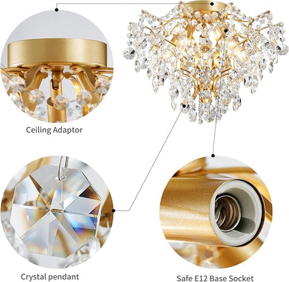 WUZUPS 5-Light Crystal Chandelier Flushmount Ceiling Light Modern Lighting Fixture for Bedroom Hallway Bar Kitchen Bathroom, H 12" W 15.4", E12 Base, Gold
