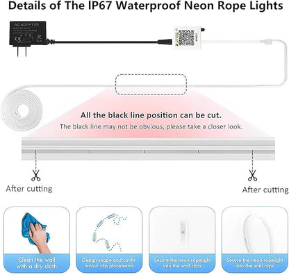 Neon Rope Lights, 40FT（2 Rolls of 20ft ） RGB Led Strip, Waterproof IP67, DIY Design, Music Sync, 44 Keys Remote Control, Multiple Modes, for Living Room, Bedroom, Holiday Decoration