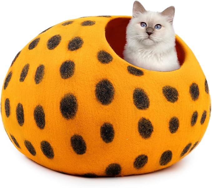 Woolygon Premium Felt Cat Cave Bed - Polka Dot Series - Wool Kitty Beds Handcrafted Kitten Caves Bed for Indoor Cats - Eco-Friendly Merino Wool, Foldable Cat Hideaway Cat Houses (Orange/Black Dots)-Mewly Pet