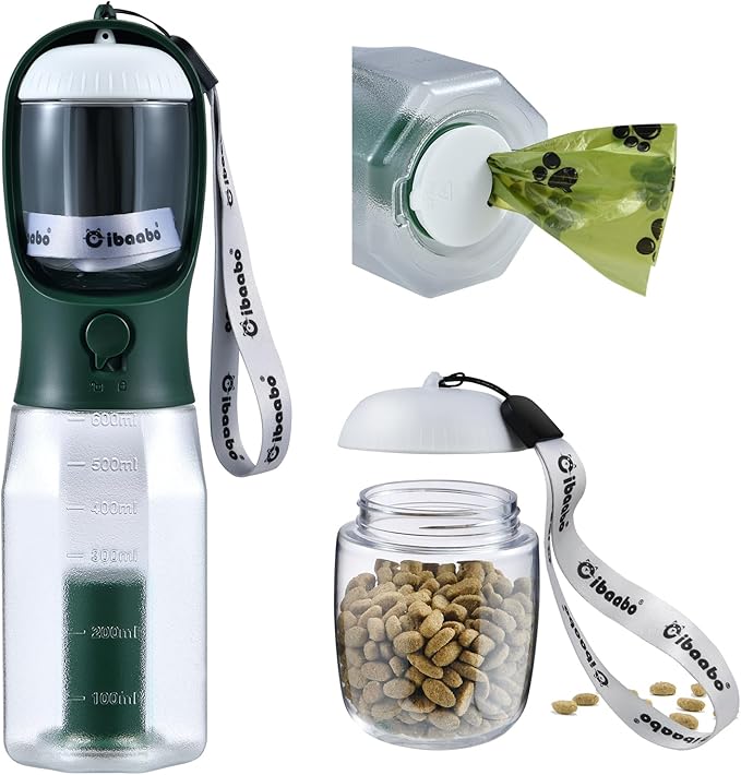 Dog Water Bottle with Food Container & Poop Bag Holder, Travel Water Bowl, Portable Pet Dispenser, Dog Stuff Accessories Items, Puppy Essentials Necessities for Yorkie Chihuahua Walking Hiking-Mewly Pet