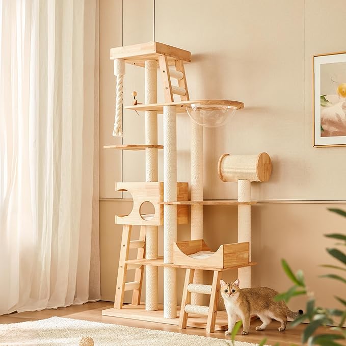 Wood Cat Tree for Indoor Cats, Modern Cat Tower, Unique Cat Condo with House, Tall Luxury Furniture with Heavy Duty Wide Base, Kraft Paper Rope Scratching Post, Removable Cushion (74.8-inch)-Mewly Pet