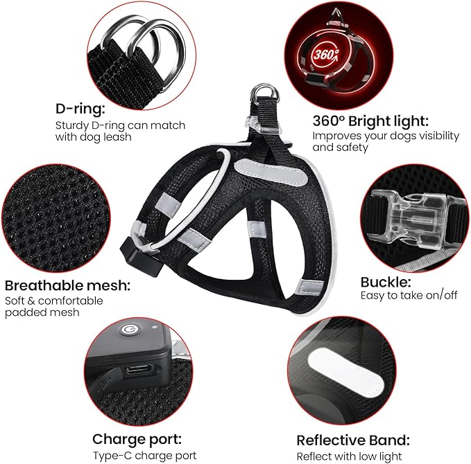PceoTllar Light Up Dog Harness, LED No Pull Reflective Dog Harness, Flashing Lighted for Night Walking - Small/Medium, (Black Red,s)-Mewly Pet