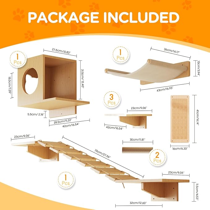 MeowHomm Cat Wall Shelves, Set of 5 Wooden Cat Wall Furniture with Cat Condo, Cat Scratching Post with 3 Steps, Bridge, Cat Hammocks and Scratcher-Mewly Pet