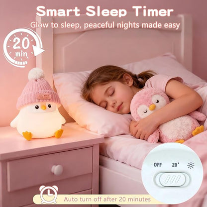 Penguin Silicone Night Light, Cute Pink Penguin Lamp with Knitted Hat, Soft Nursery Nightlight, USB Rechargeable/Dimmable,LED Squishy Novelty Animal Bedside Lamp,Funny Gifts for Kids/Girls