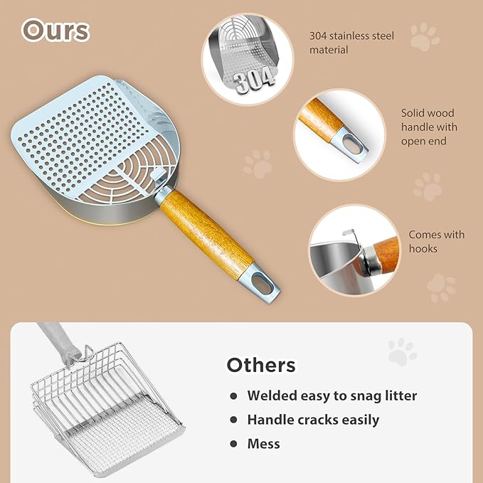 Cat Litter Scoop, Litter Scooper, Metal Cat Litter Scoop, Stainless Steel Cat Litter Scoop, Kitten Pooper Lifter, Kitty Metal Scooper with Holder for Cat Litter Box Round Holes Easy Cleaning-Mewly Pet