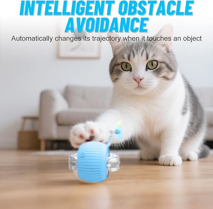 Interactive Cat Toy Ball for Indoor Cats with Mesh Tail & Foils, Automatic Rolling Three Modes Agile Moving Cat Ball to Keep Them Busy Rechargeable, Blue-Mewly Pet