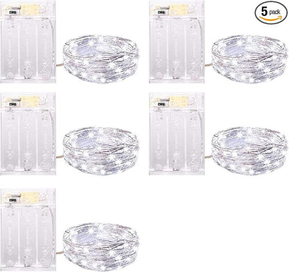 Minetom Fairy Lights Battery Operated, 5 Pack 7 FT 20 LED String Lights with Timer, Waterproof Silver Wire Fairy Lights for Bedroom Christmas Home Party Wedding Decorations, Pure White