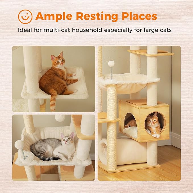 PEQULTI Floor to Ceiling Cat Tree 93.3’’-100.8’’ Height Adjustable Wooden Cat Tower Tall Climbing Play House with Scratching Posts, Cozy Condo, Perches and Large Hammock for Indoor Cats Beige-Mewly Pet