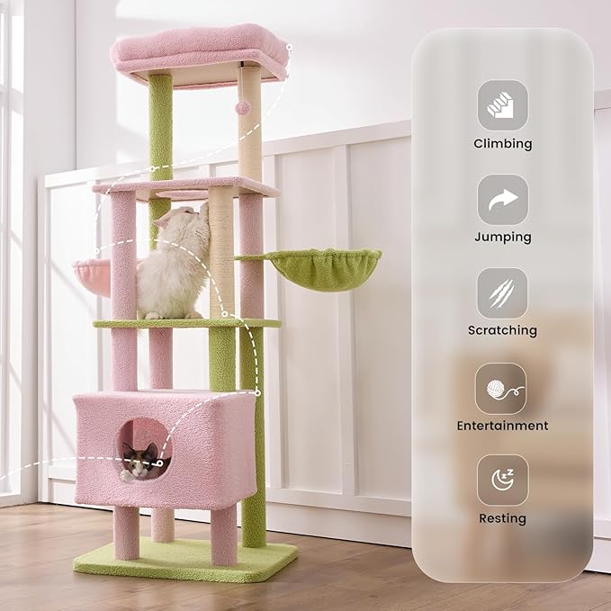 Gardner Pet 65in Heavy Duty Cat Tree Tower for Large Cats, Multi-Level Cat Furniture with Replaceable Sisal Scratching Post, Hammock | Extra-Large Platform & Condo (Pink&Green, Basic φ:2.84")-Mewly Pet