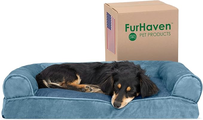 Furhaven Pillow Dog Bed for Medium/Small Dogs w/ Removable Bolsters & Washable Cover - Faux Fur & Velvet Sofa - Harbor Blue, Medium-Mewly Pet