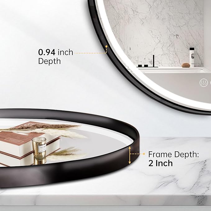 32 Inch Round Led Mirror, Bathroom Mirror with Lights, Black Metal Framed Frontlit Circle Mirrors for Wall with Anti-Fog, Memory Function, 3 Color Temperature, Dimmable Makeup Mirror