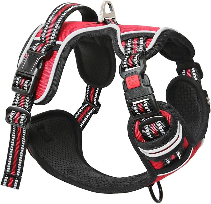 Timos Dog Harness Medium Sized, No Pull with Neck Lockable Snap,No Choke Front Clip Dog Reflective Harness,Adjustable Metal Rings 3 Buckles,Easy Control Handle for Medium Dogs Red M-Mewly Pet