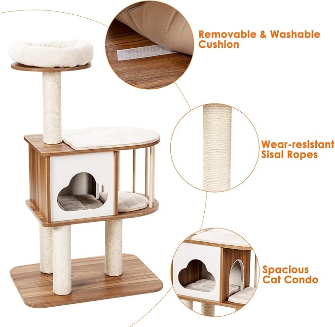 Tangkula Modern Wood Cat Tree, 46 Inches Cat Tower with Platform, Cat Activity Center with Scratching Posts and Washable Cushions, Wooden Cat Condo Furniture for Kittens and Cats (Natural)-Mewly Pet