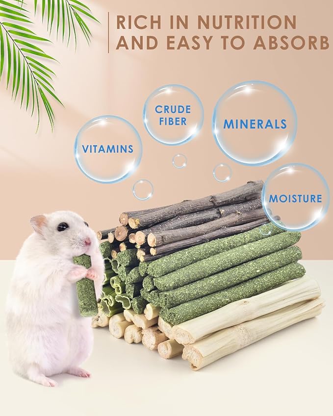 Bissap 60 PCS Rabbit Chew Sticks, Sweet Bamboo Timothy Hay Chew Stick Papaya Stems Apple Branch Bunny Chews for Rabbit Hamster Chinchilla Guinea Pig Small Pet Natural Molar Treats-Mewly Pet