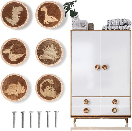 6 Pack Dinosaur Dresser Knobs 40MM/1.57" Wooden Animal Cabinet Knobs for Nursery Room Kids Drawer Pull Handles with Screws