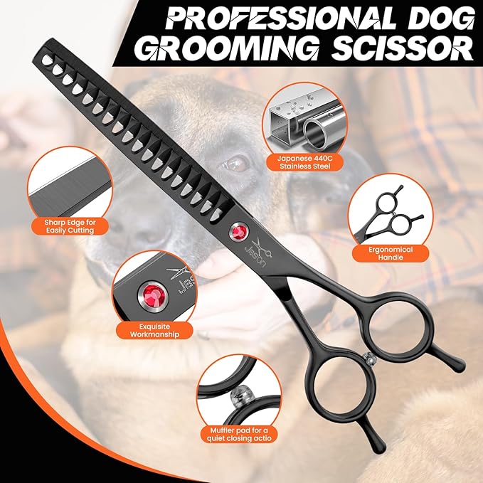 JASON 7.5" Dog Grooming Scissor - Professional Thinning Chunker Shear with 18 Teeth Japanese Stainless Steel Hair Scissors for Dogs, Cats and Other Pets (Chunker, Black)-Mewly Pet