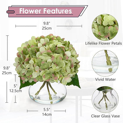 Hollyone Hydrangea Artificial Flowers with Glass Vase Dark Green Silk Faux Flowers Arrangements in Vase with Faux Water Fake Floral Bulk Bouquet for Home Decor Table Centerpiece Decorations