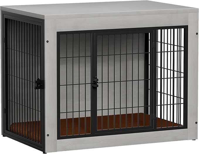 Bigrab Dog Crate Furinture with Thick Cushion, Side End Table Wooden Dog Cage with Double Doors, Chew-Resistant Dog Kennel Dog House Indoor for Small to Large Dog, M (Grey)-Mewly Pet