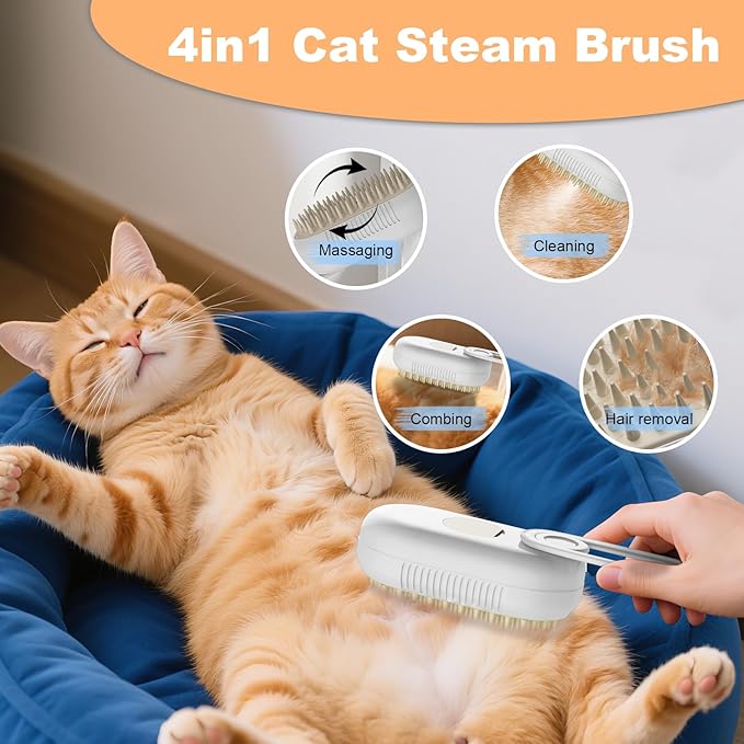 4 in 1 Cat Steam Brush for Shedding，Rechargeable Steam Pet Brush With Rotating Handle for Massaging, Self-Cleaning, and Pet Hair Removal for Long and Short Hair of Cat and Dog （Beige）-Mewly Pet