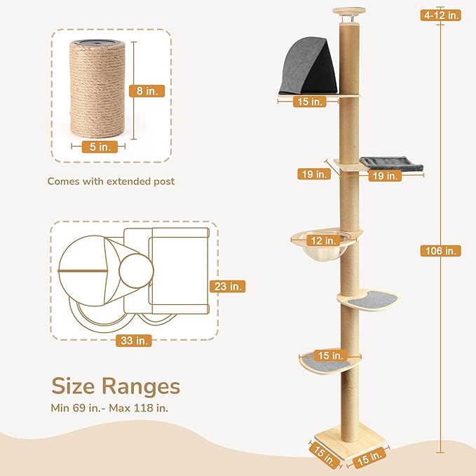 FUKUMARU Floor to Ceiling Cat Tree, 6 Level Adjustable Height (5.7-9.8 ft) Climbing Tower with Thickened Scratching Posts, Cats Activity Center with Transparent Capsule and Cozy Hammock-Mewly Pet