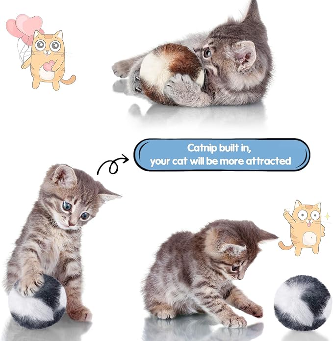 Skylety 8 Pieces Cat Pom Poms Ball with Catnip Soft Cat Balls Toy Large Plush Fuzzy Artificial Balls Faux Fur Patch Puff 2 Inches for Kitten Pet Interactive Chasing Playing Exercising Indoor-Mewly Pet