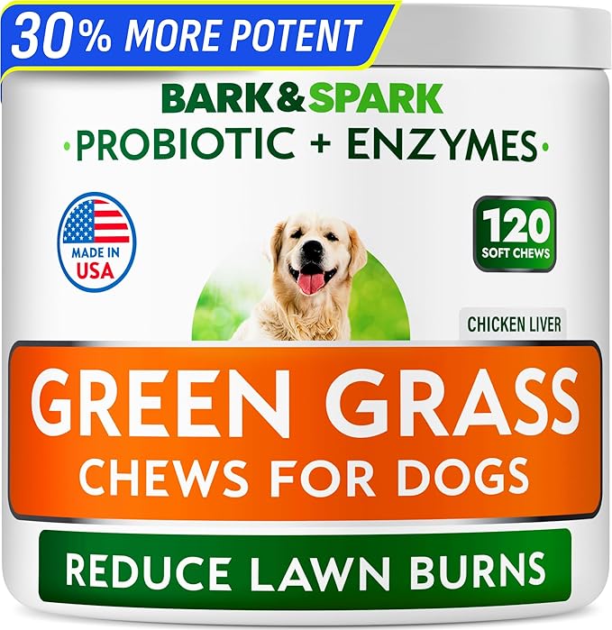 BARK&SPARK Green Grass Chews - Pee Grass Spot Saver Caused by Dog Urine - Urine Neutralizer for Lawn, Gut Health Probiotics & Digestive Enzymes,Lawn Burn from Dog Urine, Grass Burn Spot Chews, Rocks-Mewly Pet