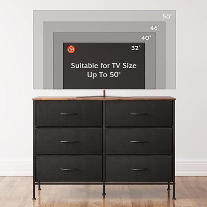 WLIVE Wide Dresser with 6 Drawers, TV Stand for 50 Inches TV, Entertainment Center with Metal Frame, Wooden Top, Fabric Storage Dresser for Bedroom, Hallway, Entryway, Black and Rustic Brown