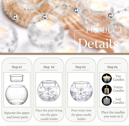 8 Pcs Glass Clear Votive Floating Candle Holders with 8 Pcs Bright Pearl String Beads, Tealight Bowl Candle Holder Bulk for Wedding Centerpiece Home Bridal Shower Party Decor (Silver)