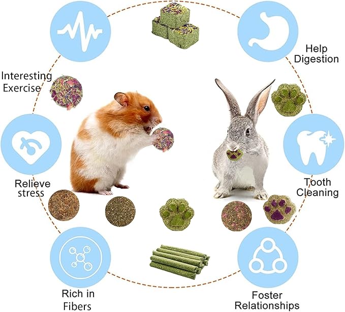 Grddaef Rabbit Toys, Guinea Pig Toys 25 Pcs Natural Timothy Hay Bunny Chews and Treats for Hamster Chinchilla Gerbil-Mewly Pet