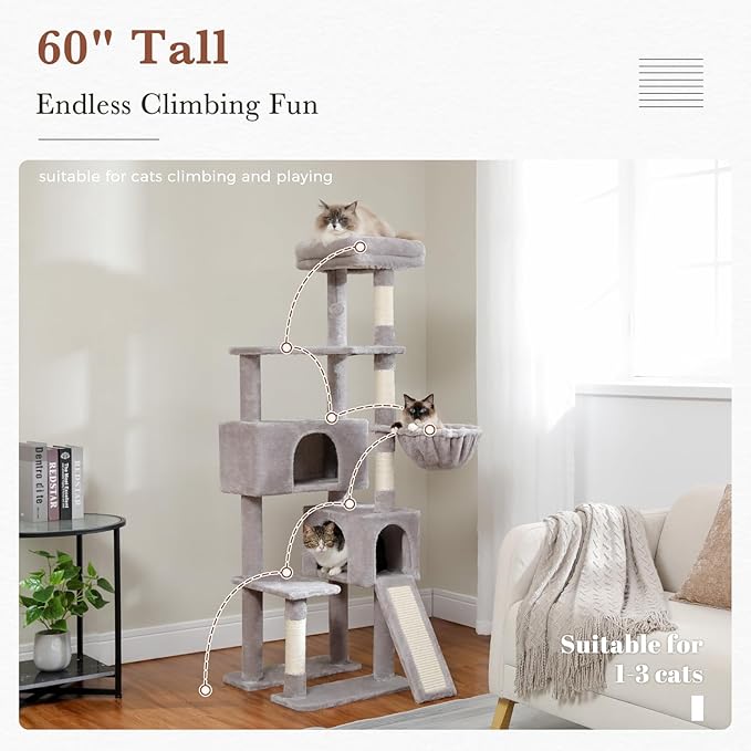 PAWZ Road Cat Tree, 60 Inches Cat Tower with Dual Condos, Spacious Perch, Cozy Basket and Sisal-Covered Scratching Posts for Indoor Cats- Gray-Mewly Pet