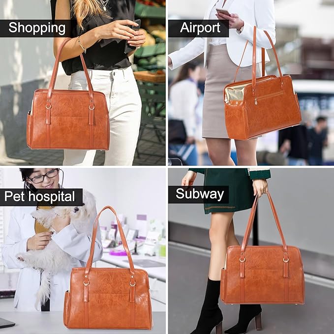 Dog Carrier Purse, Fashion Leather Pet Carrier with Pockets, Airline Approved Soft Sided Dog Carrying Bag for Puppy Cat Dog Brown-Mewly Pet