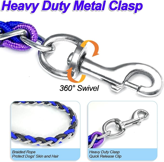Dog Leash Rope Chain, Nylon Rope Metal Chain for Pet Leads. 6ft Heavy Duty Chew Proof Training Walking for Medium Large Dogs. (Large, Blue&Black)