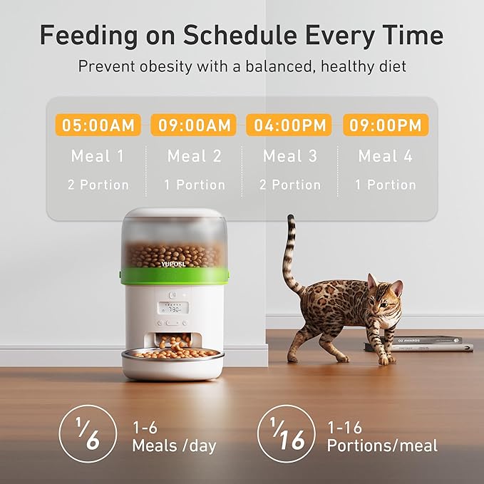 Automatic Cat Feeder - 2L Cat Food Dispenser, Timed Auto Pet Feeder with 180-day Battery Life, 1-6 Meals Per Day, 1-16 Portion, Desiccant Bag Keeps Dry Food Fresh, Also for Small Dogs-Mewly Pet