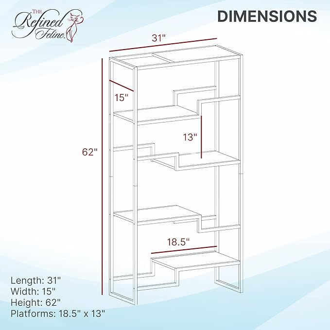 THE REFINED FELINE 62 Inch Tall Metropolitan Cat Condo, Gold Metal Frame Cat Tower, Multi-Level Modern Cat Tree for Indoor Cats, Brown Platforms with Gray Replaceable Cushions & Scratching Post