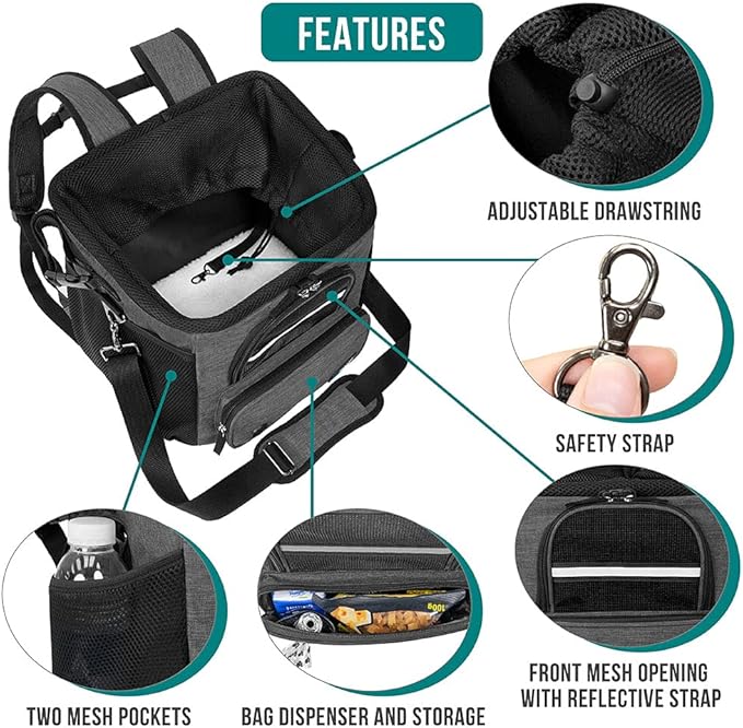 PetAmi Dog Bike Basket, Soft-Sided Ventilated Dog Bike Carrier Backpack, Pet Bicycle Basket for Bike Handlebar, Small Medium Puppy Cat Kitten Car Booster Seat with Safety Strap, Max 18 lbs, Dark Gray-Mewly Pet