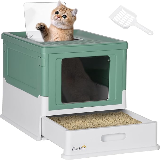 PawHut Fully Enclosed Litter Box with Scoop, Hooded Litter House with Drawer Tray, Foldable Smell Proof Cat Potty with Front Entry, Top Exit, Portable Pet Toilet with Large Space, Green-Mewly Pet