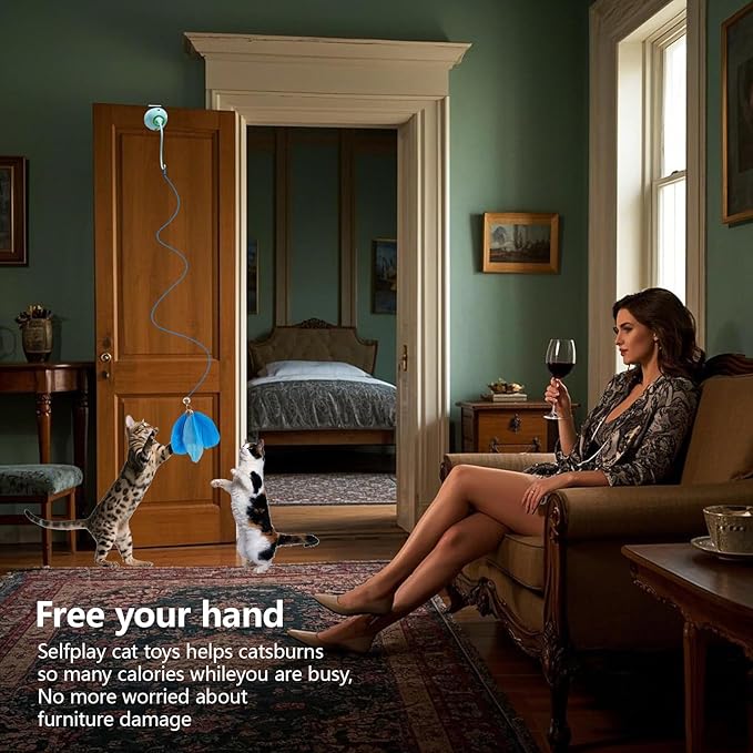 Cat Toys Interactive for Indoor, Cats Toy Hanging Door Electric for Bored,Feathers Toy Kitten Rechargeable Door Hanging Automatic String with 4pcs Feathers Toys(Blue)-Mewly Pet