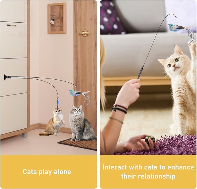 Cat Feather Toys, 14PCS With 2 Slots Super Suction Cup, Detachable 2PCS Wand & 11PCS Replacement Teaser Refills With Bell, Interactive Toy for Indoor Cats Kitten Play Exercise-Mewly Pet