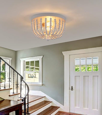 Q&S White Flush Mount Ceiling Light Fixtures,2-Lights Wood Beaded Boho Chandeliers for Nursery Baby Bedroom Dining Room Living Room Kitchen Hallway W11.81