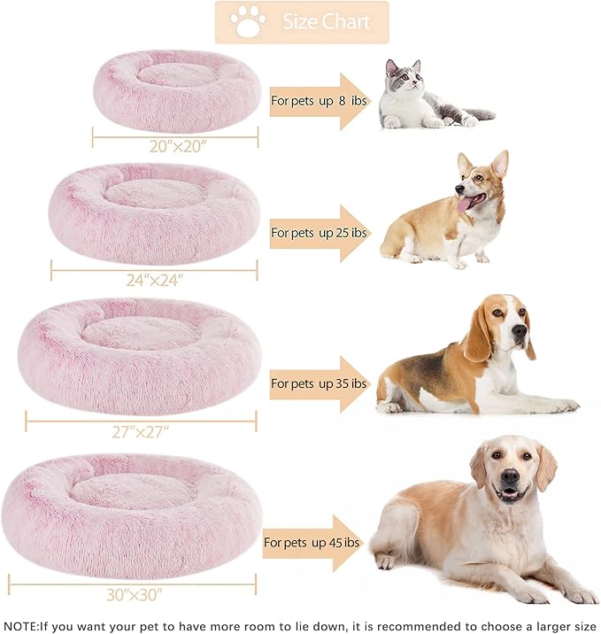 WNPETHOME Calming Dog Bed Cat Bed Donut, Faux Fur Pet Bed Self-Warming Donut Cuddler, Comfortable Round Plush Dog Beds (24 x 24 x 8 Inch, Light Pink)-Mewly Pet