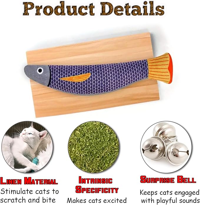 Cat Toys for Indoor Cats, 3 Catnip Fish Kicker with Little Bell Sound and Bonus Rope Toy, Soft and Durable Interactive Cat Fish for Kitten Exercise, Teething, and Play-Mewly Pet
