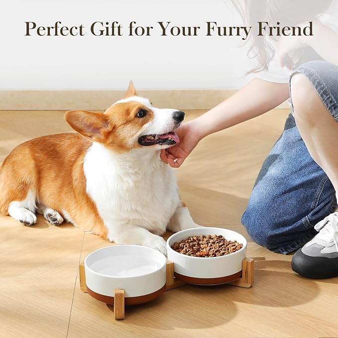 MALACASA Ceramic Dog Bowls, Dog Bowls for Medium Sized Dogs with Wood Stand - Pet Food & Water Bowl Set for Cat Medium Dogs, Weighted Glaze Matte.34 OZ (M-3.5 Cups)-Mewly Pet