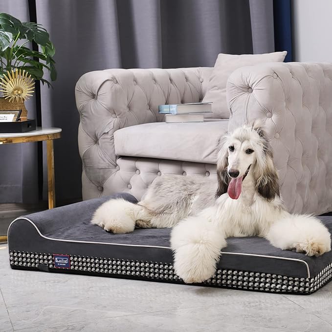 Laifug Orthopedic Memory Foam Extra Large Dog Bed with Pillow and Durable Water Proof Liner & Removable Washable Cover & Smart Design (Large (46"x28"x8"), Black and White Plaid)-Mewly Pet