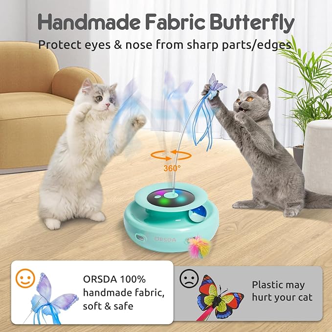 ORSDA Cat Toy, 3-in-1 Automatic Interactive Electronic Moving Ambush Feather, Fluttering Butterfly, Track Balls, USB Rechargeable Powered Smart Indoor Exercise Kicker-Mewly Pet