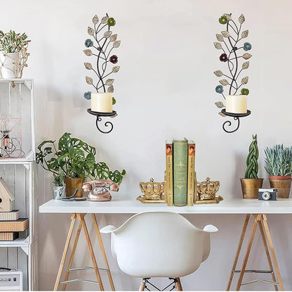 Wall Sconces Candle Holder Set of 2, Antique Leaf Branch Wall Mount Hanging Metal Candle Holder Candle Sconce for Living Room Dining Room