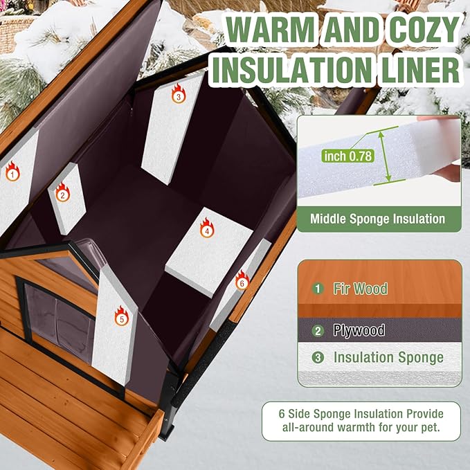 Large Dog House Outdoor Insulated Weatherproof Dog Kennel with Insulated Liner, Dog Shelter for Large Breed with Anti-Chewing Iron Fram and Porch (Brown, 50.9" D x 37.4" W x 37.2" H)-Mewly Pet